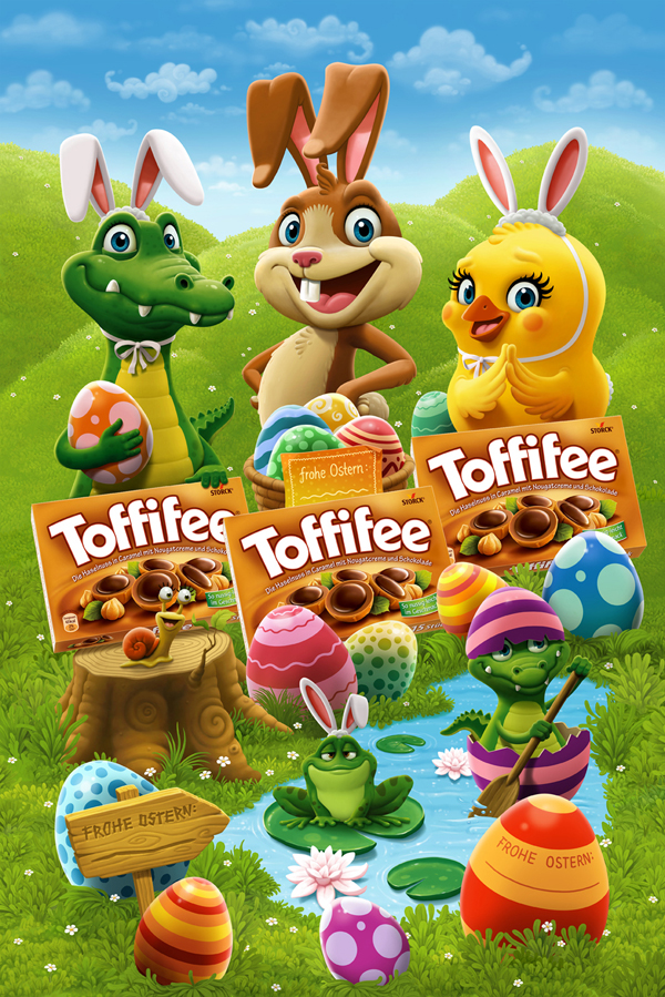 Toffifee 妃巧克力與杏仁奶油夾心軟糖鱷魚兔子小雞卡通形象設(shè)計(jì)、包裝設(shè)計(jì)1