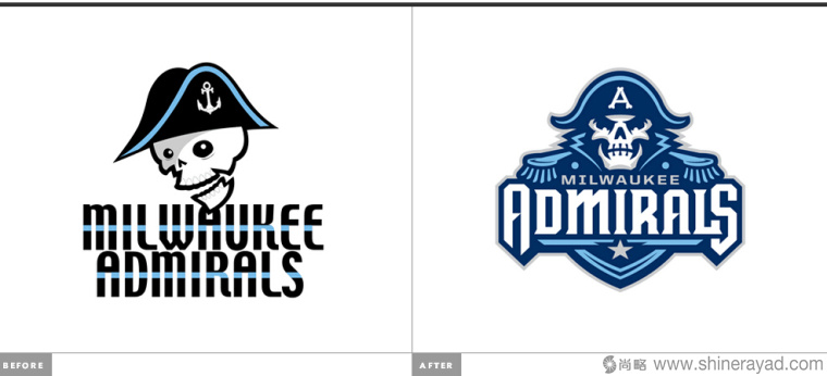 美國(guó)冰球聯(lián)盟職業(yè)冰球隊(duì)Milwaukee Admirals海盜水手新標(biāo)志設(shè)計(jì)-新舊標(biāo)志對(duì)比