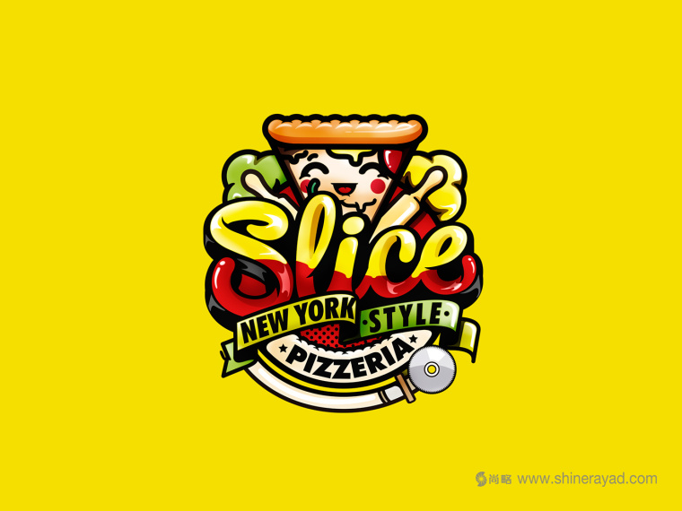 一個充滿食欲的卡通擬人手法的slice pizzeria 披薩logo設(shè)計品牌形象設(shè)計-上海logo設(shè)計公司1