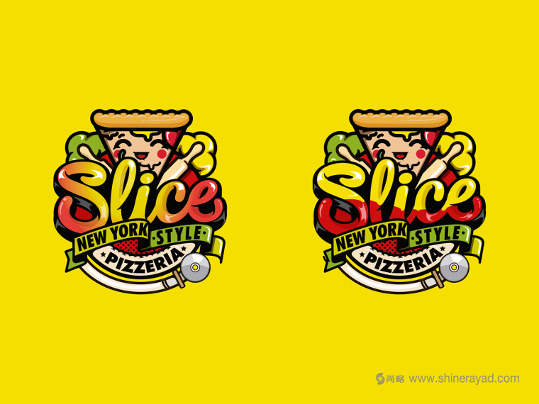 一個充滿食欲的卡通擬人手法的slice pizzeria 披薩logo設(shè)計品牌形象設(shè)計-上海logo設(shè)計公司2