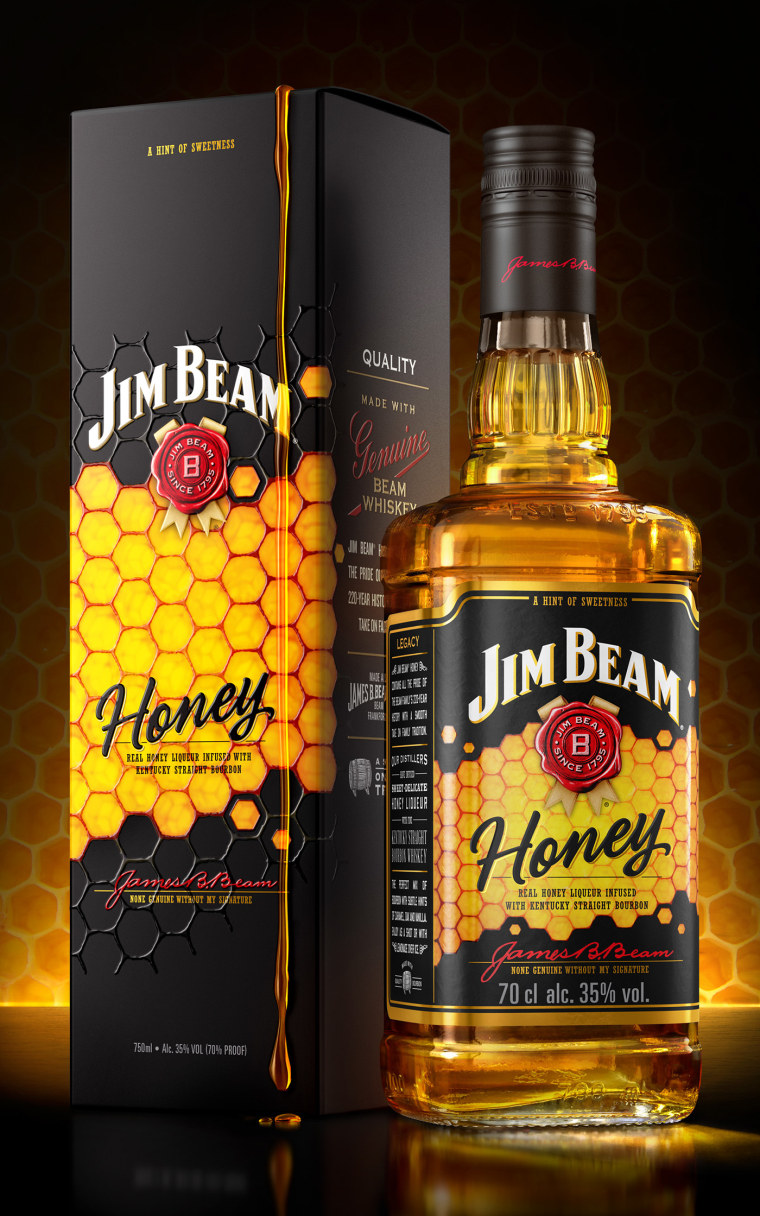 金黃色六邊形圖案 Jim Beam 蜂蜜包裝設計，極具食欲感