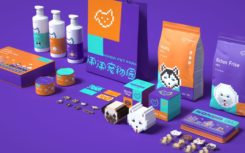 Nonda寵物店商品品牌包裝設(shè)計(jì)，馬賽克寵物插畫風(fēng)格