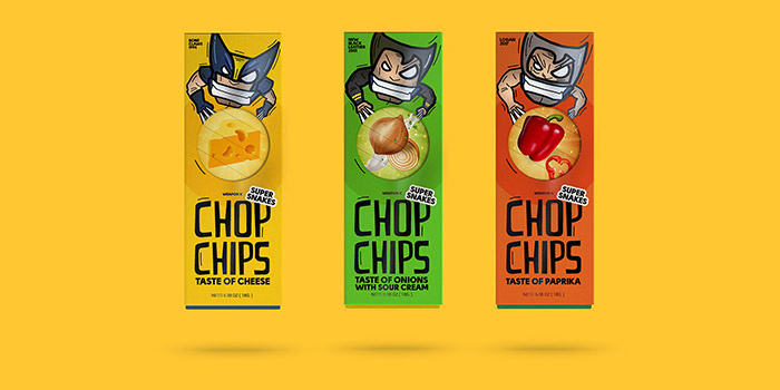 Chop chips 俄羅斯薯片包裝設(shè)計(jì)，一只卡通小狼仔正在用餐的插畫設(shè)計(jì)