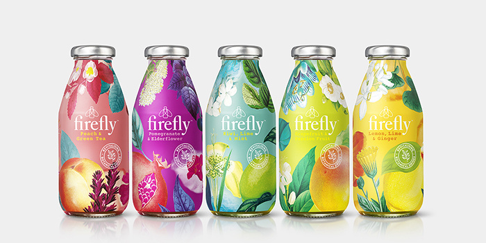 Firefly帶有翅膀的飲料包裝設計，配上帶狀線“活化植物”強化健康特性