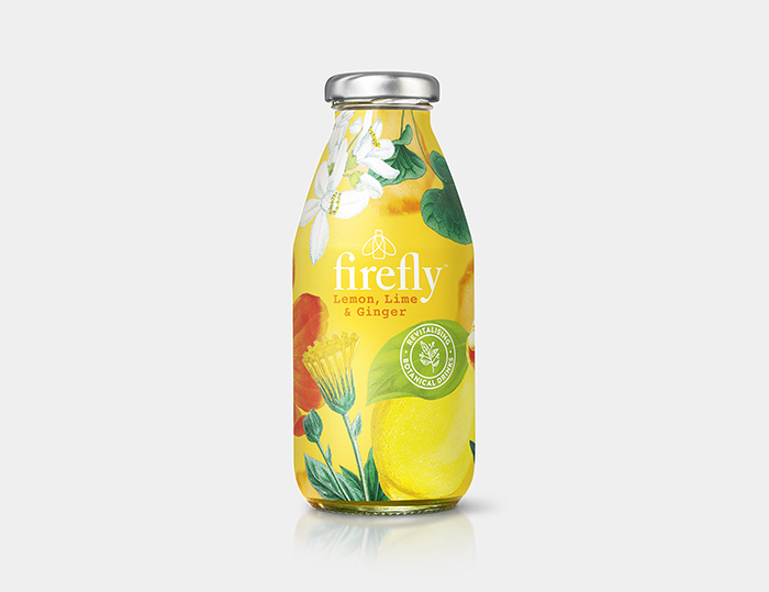 Firefly帶有翅膀的飲料包裝設計，配上帶狀線“活化植物”強化健康特性