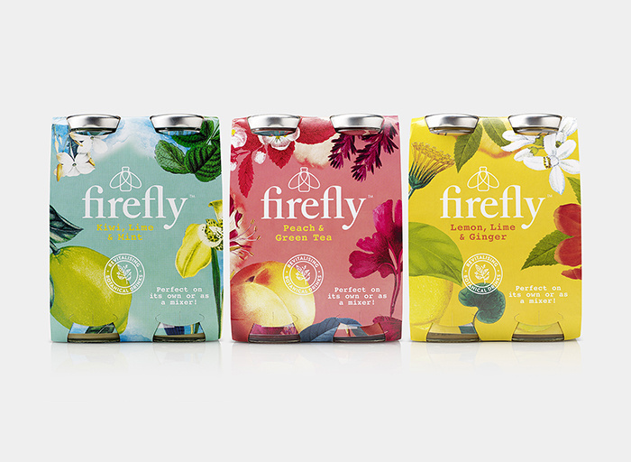 Firefly帶有翅膀的飲料包裝設計，配上帶狀線“活化植物”強化健康特性