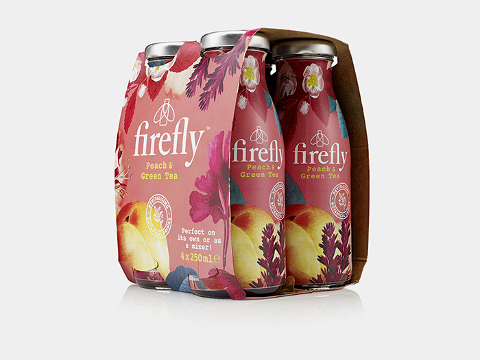 Firefly帶有翅膀的飲料包裝設計，配上帶狀線“活化植物”強化健康特性