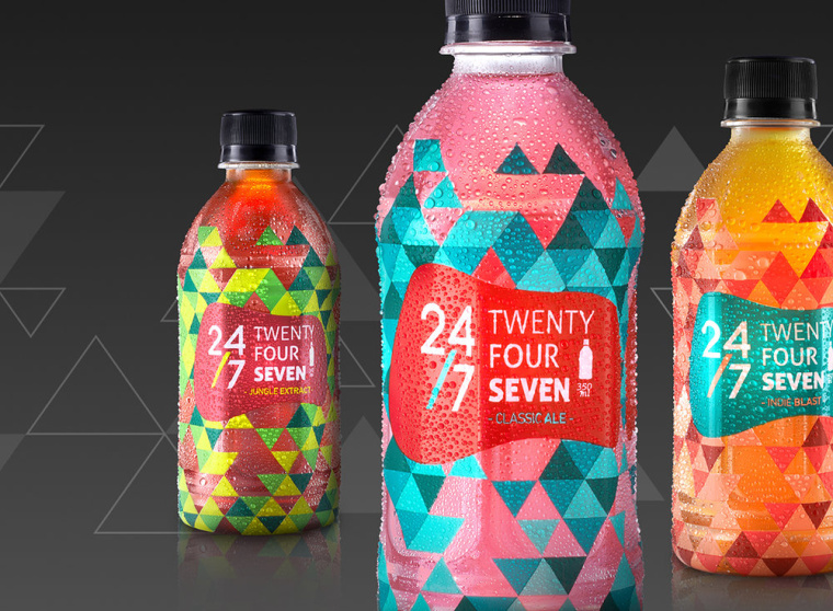 24/7品牌草本植物飲料包裝設(shè)計,五顏六色的幾何三角色塊風(fēng)格包裝設(shè)計 24/7品牌草本植物飲料包裝設(shè)計,五顏六色的幾何三角色塊風(fēng)格包裝設(shè)計