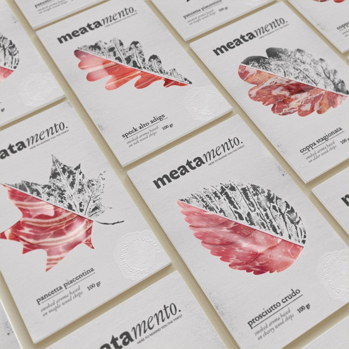Meatamento熏肉包裝設(shè)計，采用葉子造型的開窗紙盒設(shè)計