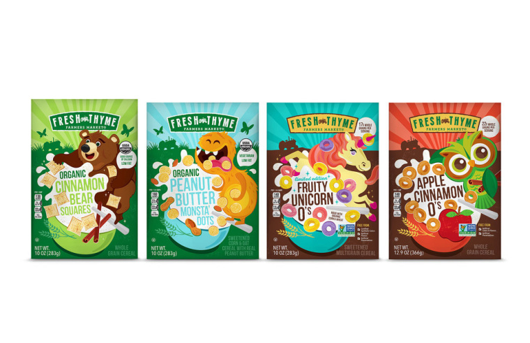 Fresh Thyme 兒童與成人谷物系列有機食品包裝設計,大膽醒目的插畫 Fresh Thyme 兒童與成人谷物系列有機食品包裝設計,大膽醒目的插畫
