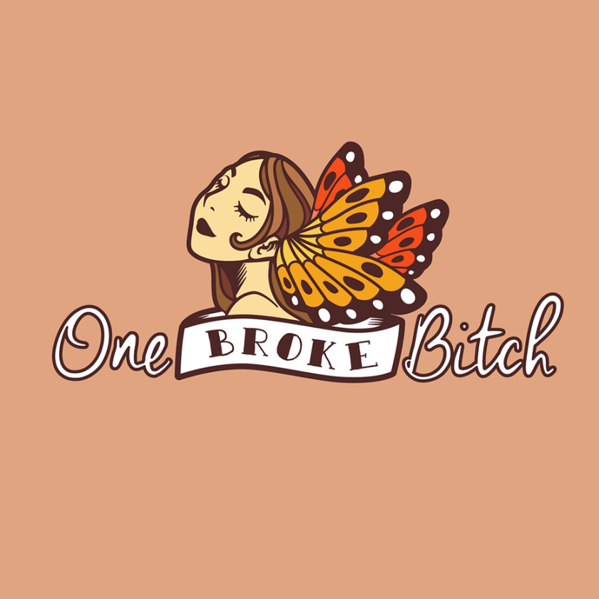 大膽，勇敢和美麗的女性標志設(shè)計-One Broke Bitch 女人+蝴蝶標志設(shè)計