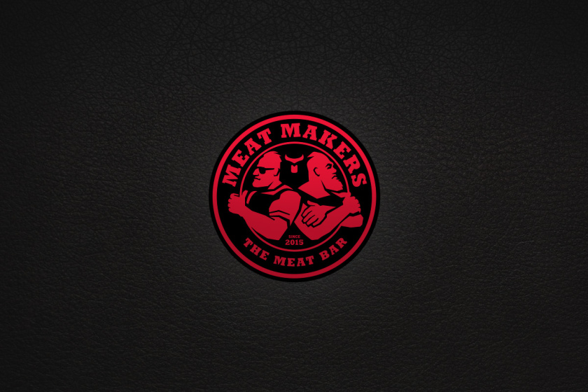 Meat Makers 肉食酒吧餐廳logo設計,兩個背靠背硬漢 Meat Makers 肉食酒吧餐廳logo設計,兩個背靠背硬漢