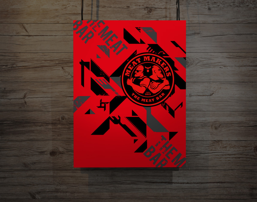 Meat Makers 肉食酒吧餐廳logo設計vi設計,兩個背靠背硬漢+小刀幾何元素 Meat Makers 肉食酒吧餐廳logo設計vi設計,兩個背靠背硬漢+小刀幾何元素