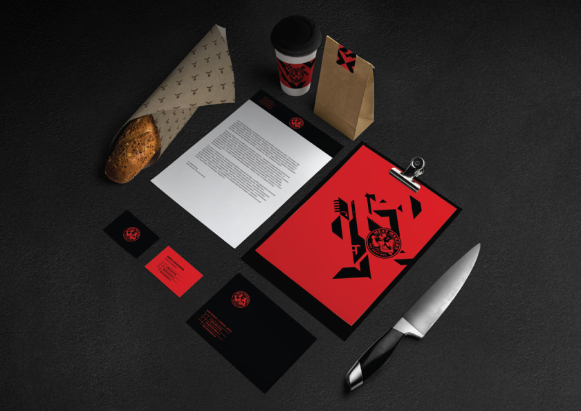 Meat Makers 肉食酒吧餐廳logo設計vi設計,兩個背靠背硬漢+小刀幾何元素 Meat Makers 肉食酒吧餐廳logo設計vi設計,兩個背靠背硬漢+小刀幾何元素