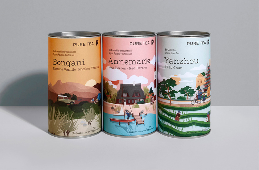 pure tea 純茶有機(jī)茶葉包裝設(shè)計(jì)，13個(gè)茶葉原產(chǎn)地風(fēng)景插圖設(shè)計(jì)