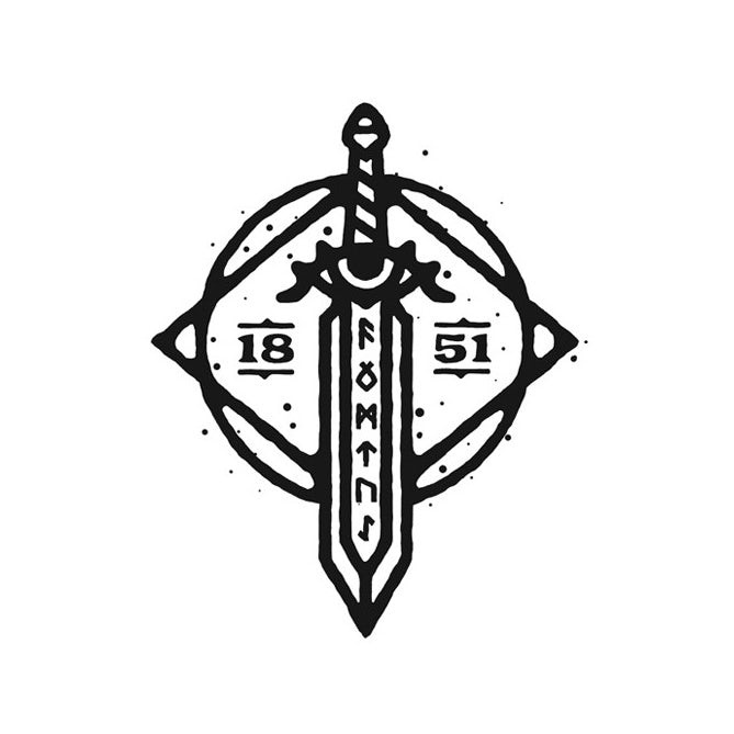 原始和不完善的手繪logo設(shè)計-顯示劍，符文和眼睛的圓形logo