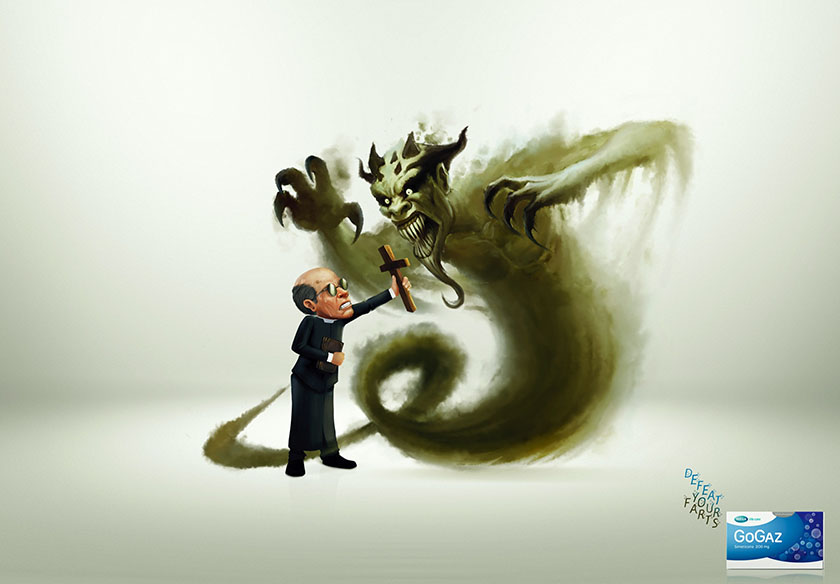 胃藥廣告：Gogaz緩解腸胃脹氣醫(yī)藥平面廣告設(shè)計(jì)，打敗脹氣惡魔