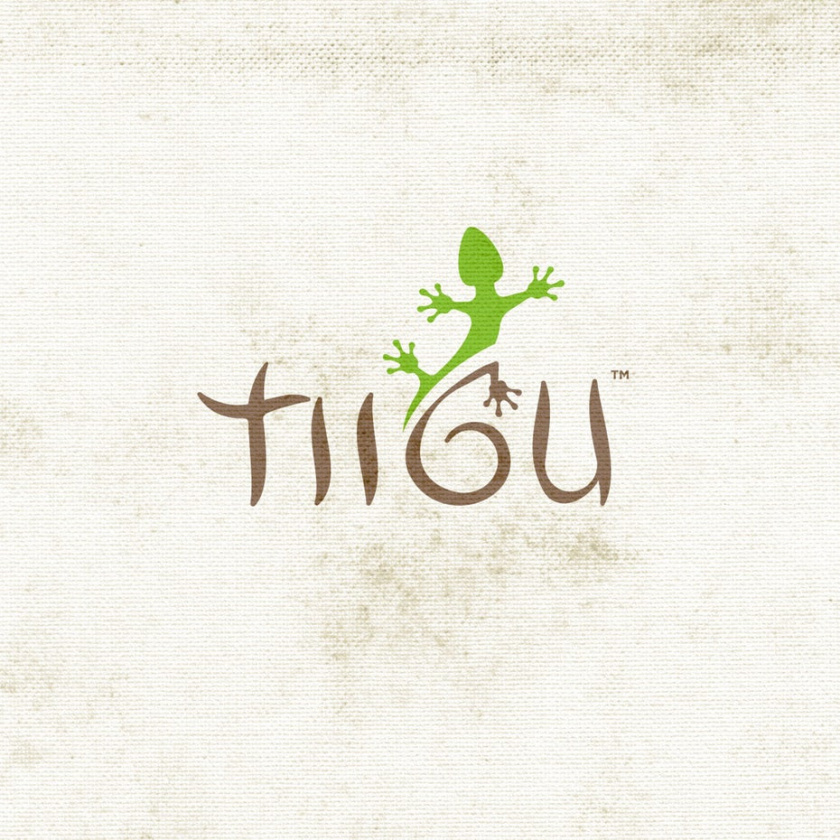 極簡(jiǎn)主義的字標(biāo)標(biāo)志，上面寫(xiě)著“TIIGU”，蜥蜴爬上G