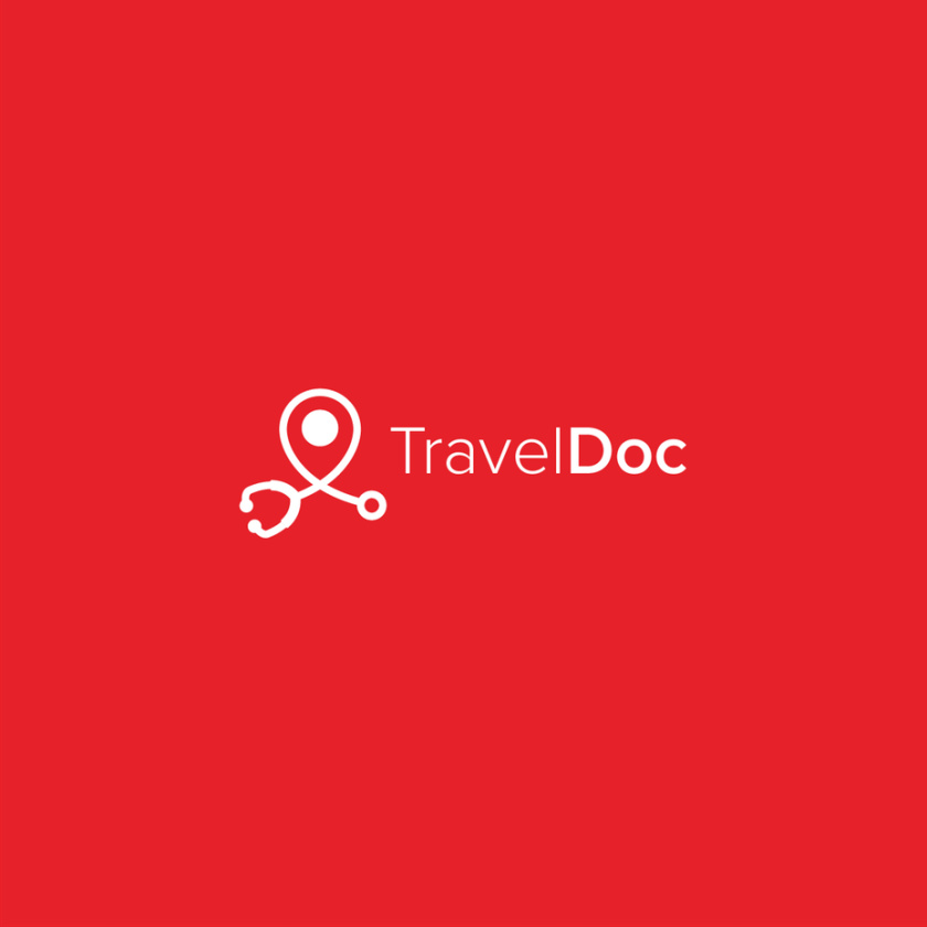 與白色消極空間聽診器的紅色背景旅游logo設計