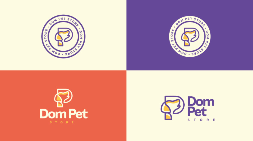 Dom Pet Store 寵物食品專賣店品牌logo設(shè)計(jì)vi設(shè)計(jì)，首字母+狗頭線條logo
