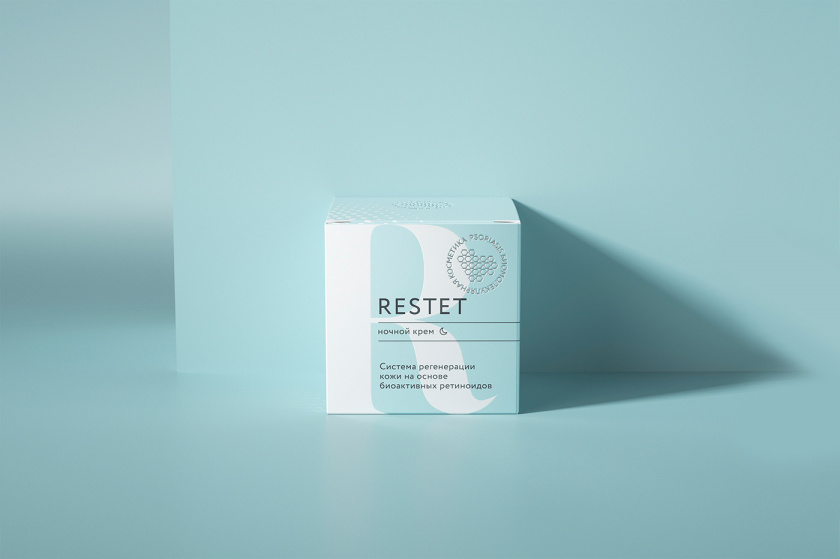 Restet醫(yī)美化妝品包裝設計，字母R+動態(tài)圓點元素