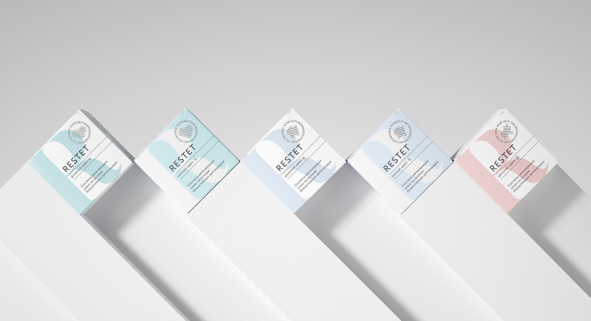 Restet醫(yī)美化妝品包裝設計，字母R+動態(tài)圓點元素