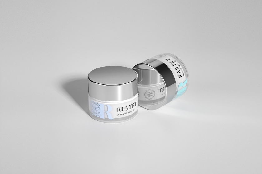 Restet醫(yī)美化妝品包裝設計，字母R+動態(tài)圓點元素