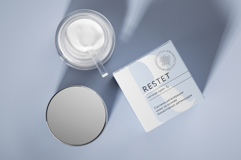 Restet醫(yī)美化妝品包裝設計，字母R+動態(tài)圓點元素