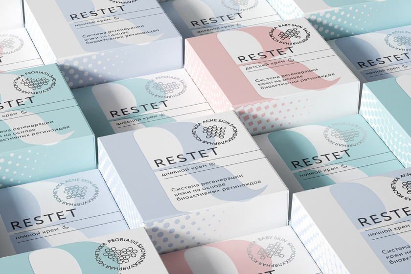 Restet醫(yī)美化妝品包裝設計，字母R+動態(tài)圓點元素