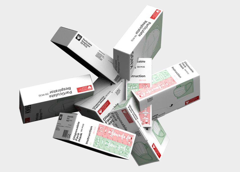 3-PLY KN95 口罩包裝設(shè)計與口罩佩戴示意插圖設(shè)計