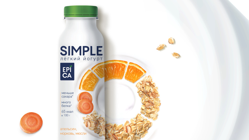 Epica Simple 低糖酸奶包裝設計，酸奶添加的谷物及水果顆粒，組成O字符號
