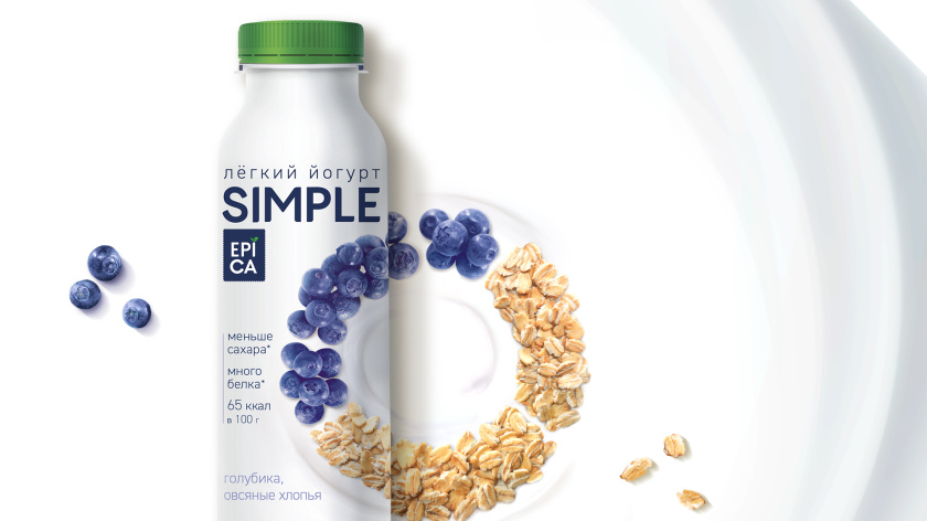 Epica Simple 低糖酸奶包裝設計，酸奶添加的谷物及水果顆粒，組成O字符號