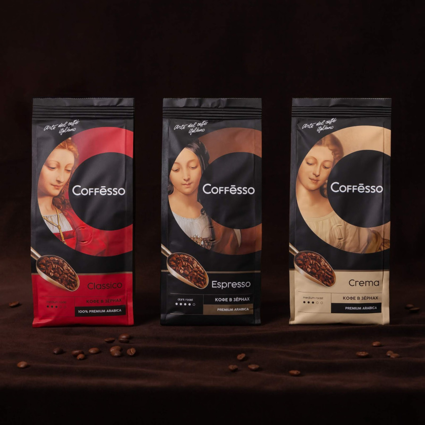 Coffesso速溶咖啡包裝設(shè)計(jì)，用字母C切出意大利文藝復(fù)興女性插圖圖像