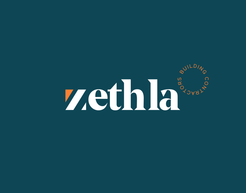 Zethla 建筑公司logo設計vi設計，正方形被斜切出字母Z+藍橙工業(yè)配色