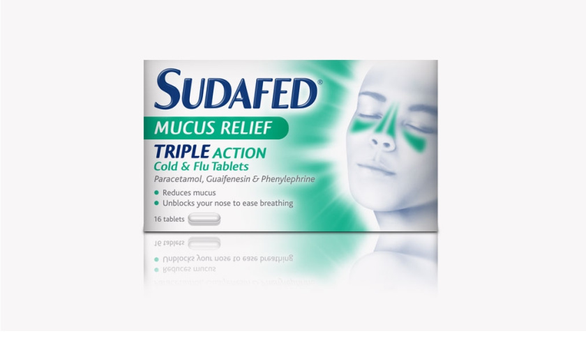 蘇達飛Sudafed 鼻子和鼻竇充血劑藥品包裝設(shè)計，標志性的臉部圖形表達癥狀緩解