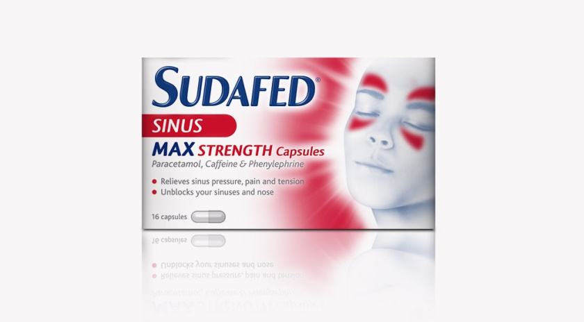 蘇達飛Sudafed 鼻子和鼻竇充血劑藥品包裝設(shè)計，標志性的臉部圖形表達癥狀緩解