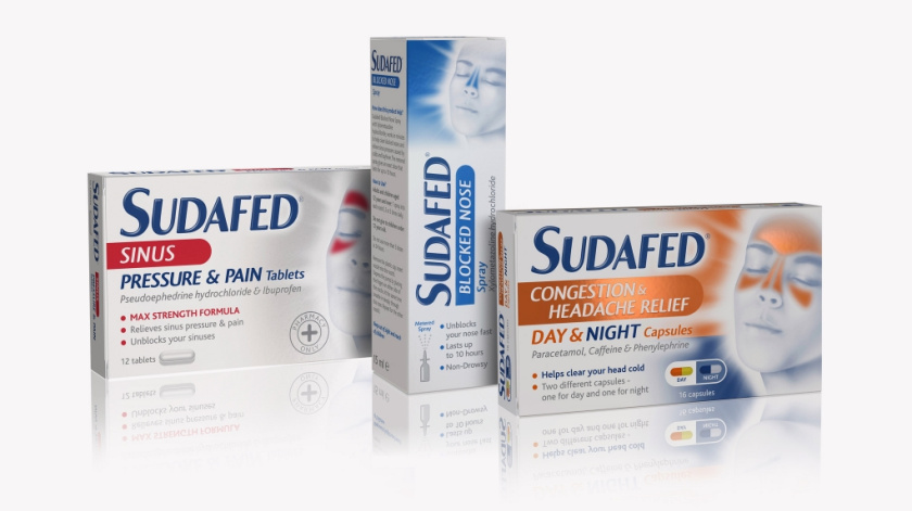 蘇達(dá)飛Sudafed 鼻子和鼻竇充血?jiǎng)┧幤钒b設(shè)計(jì)，標(biāo)志性的臉部圖形表達(dá)癥狀緩解