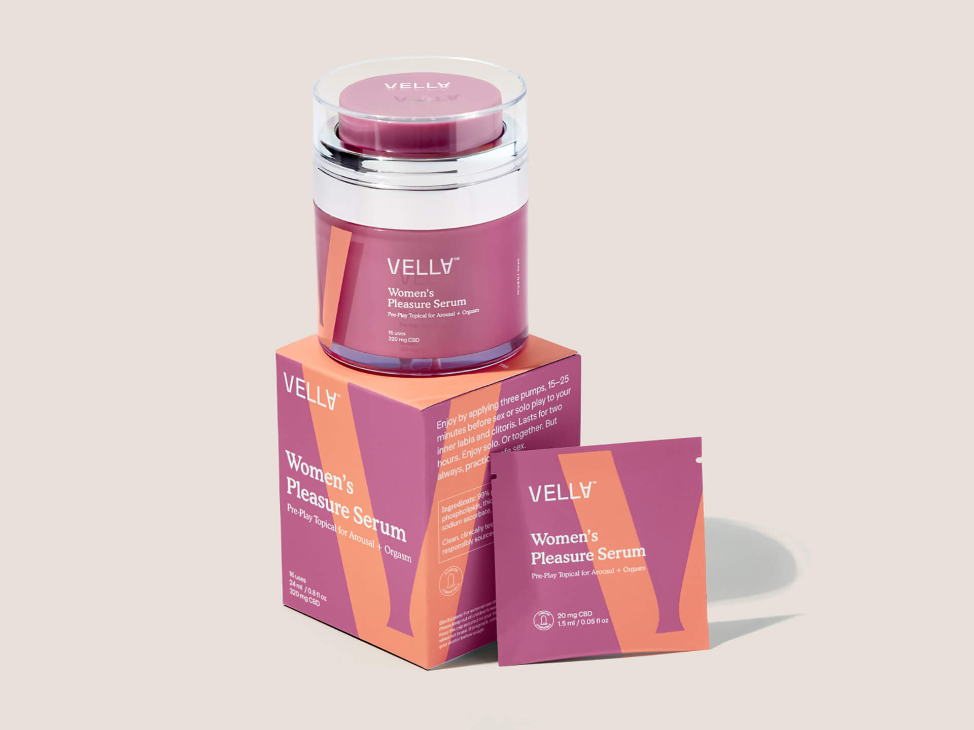 Vella女性愉悅精華素包裝設(shè)計(jì)，化妝品風(fēng)格，突出v字母識(shí)別