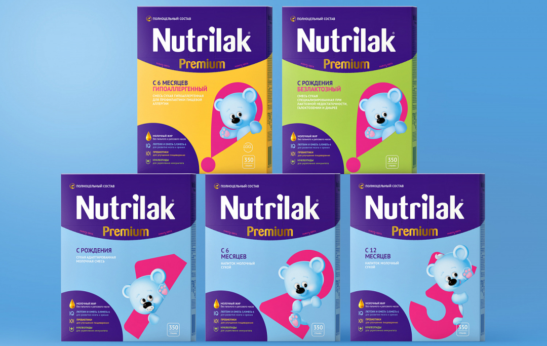 Nutrilak 品牌嬰兒配方奶粉包裝設(shè)計(jì)，品牌特征小熊與奶粉階段數(shù)字結(jié)合