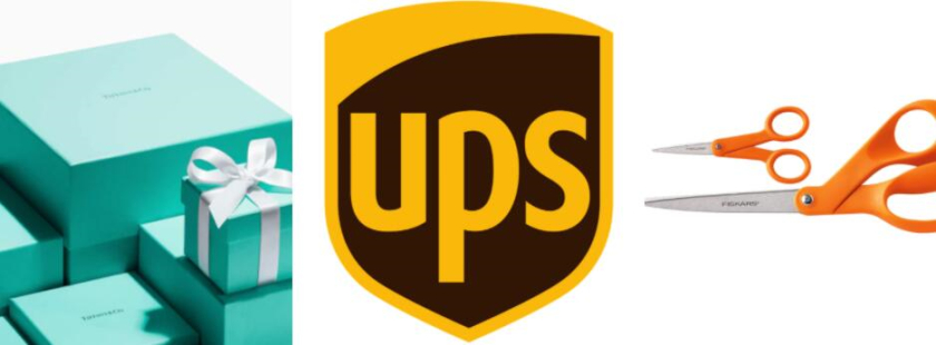 左圖：蒂芙尼藍(lán)包系列 中圖：UPS 標(biāo)志 右圖：兩對 Fiskars 剪刀