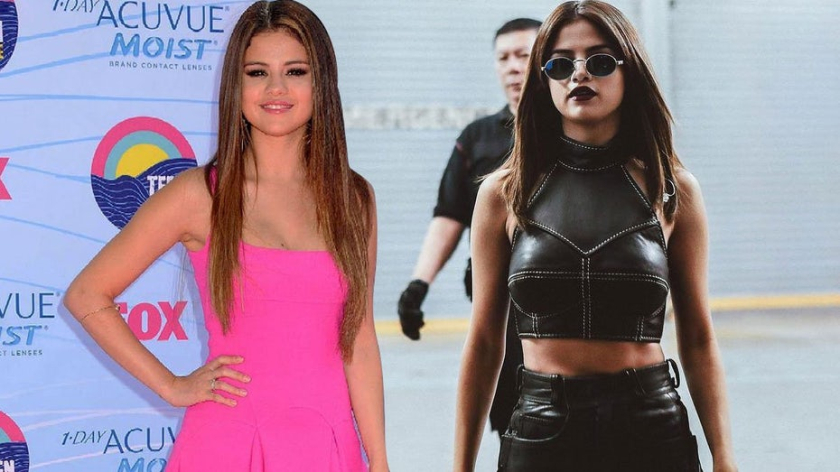 圖：Selena Gomez 并排的兩張照片，一張粉紅色，一張黑色