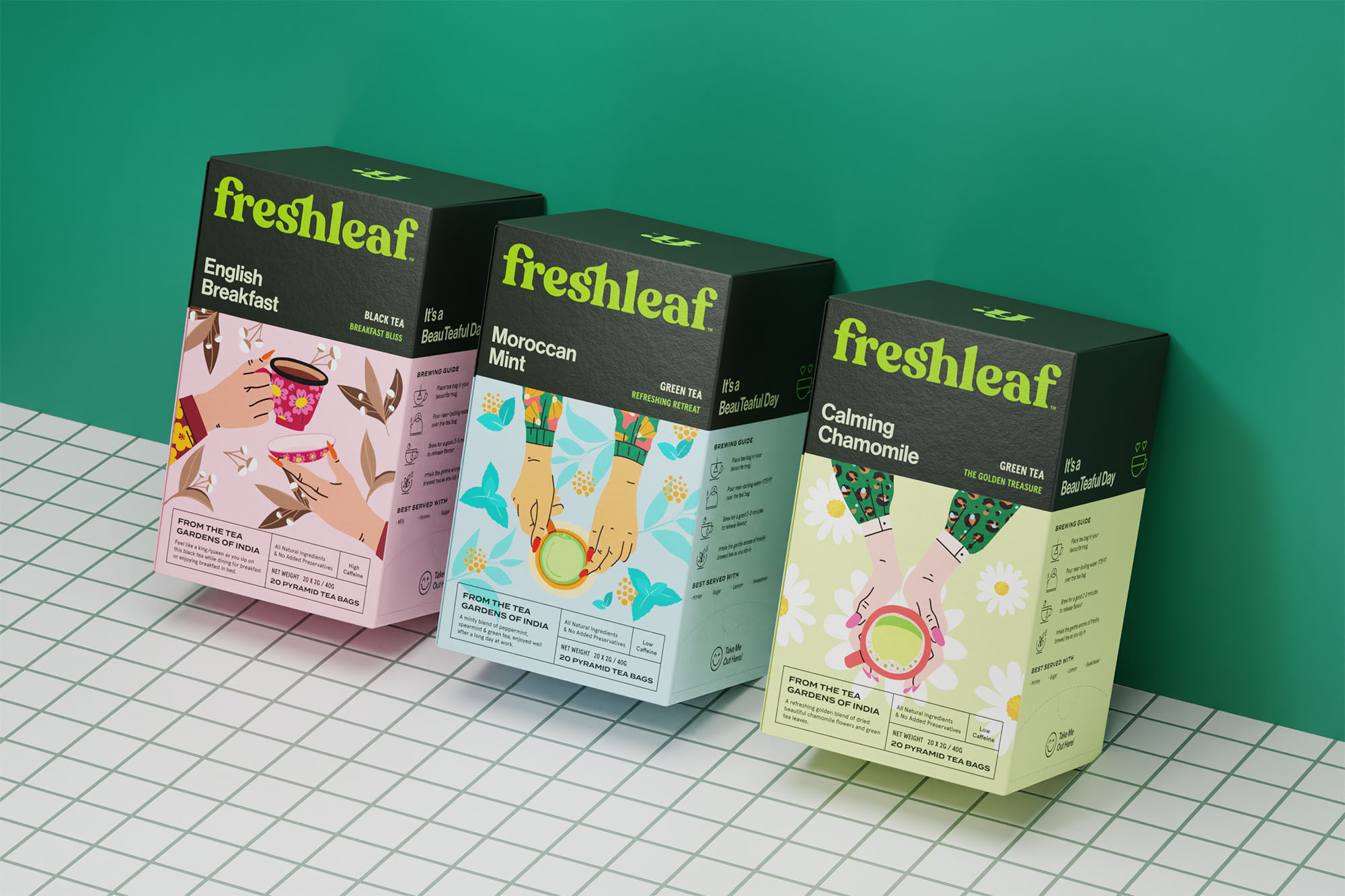 Freshleaf袋泡茶葉包裝設(shè)計(jì),現(xiàn)代時(shí)尚矢量插畫風(fēng)格 Freshleaf袋泡茶葉包裝設(shè)計(jì),現(xiàn)代時(shí)尚矢量插畫風(fēng)格