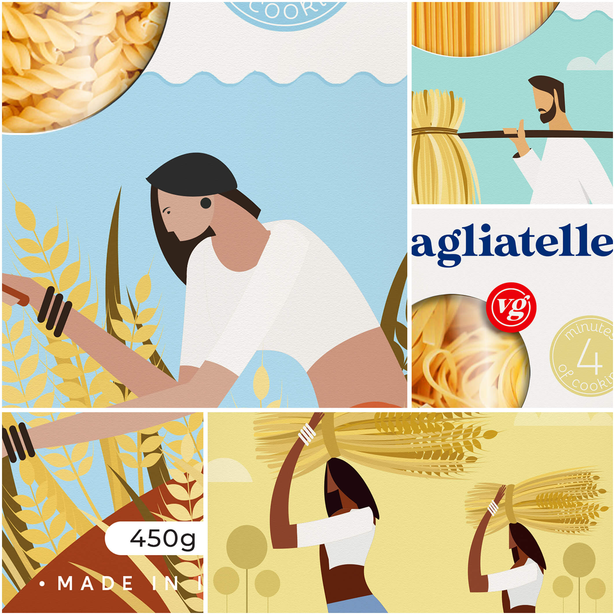 VG PASTA（意大利面）面條面皮面食包裝設(shè)計，農(nóng)民耕種插畫