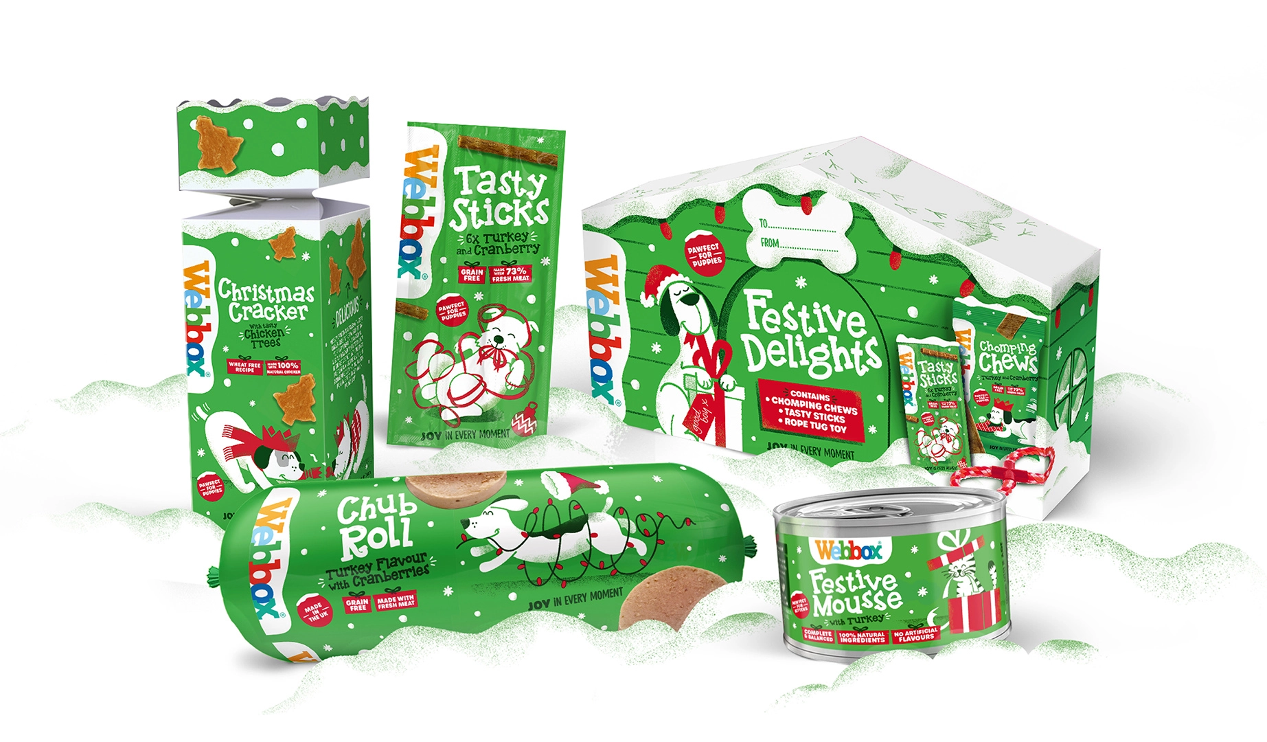 Webbox寵物食品用品貓糧狗糧圣誕節(jié)節(jié)日包裝設(shè)計，調(diào)皮搗蛋寵物插圖