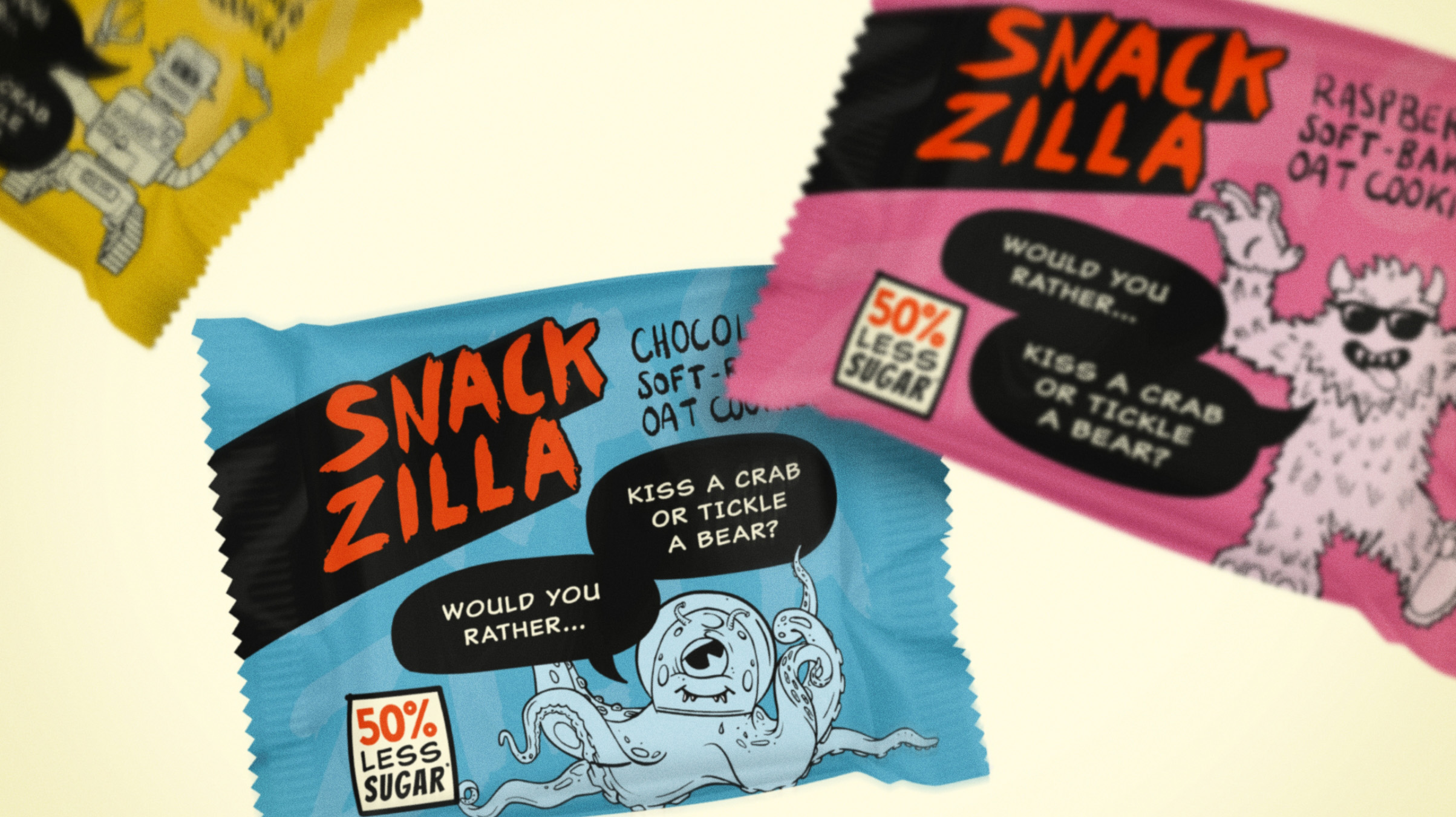 Snackzilla 燕麥餅干兒童低糖零食包裝設(shè)計,夸張的動物線條插畫 Snackzilla 燕麥餅干兒童低糖零食包裝設(shè)計,夸張的動物線條插畫