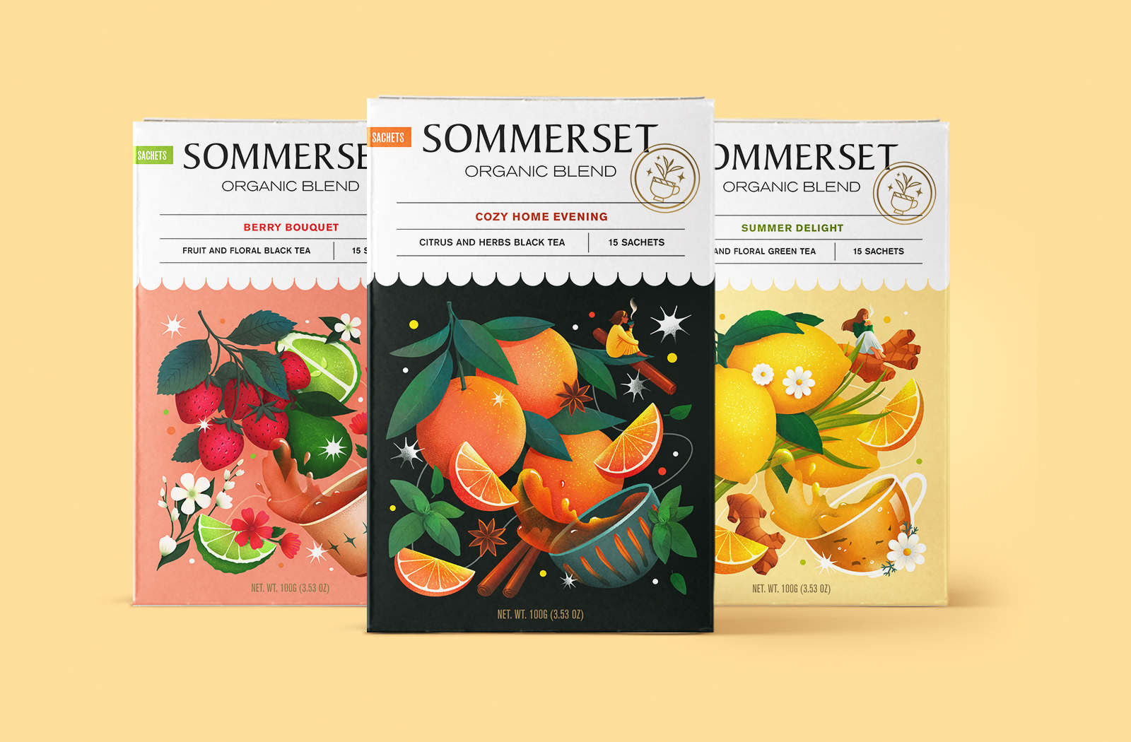 Sommerse有機水果茶花茶混合茶包裝設(shè)計，充滿食欲的立體感插畫