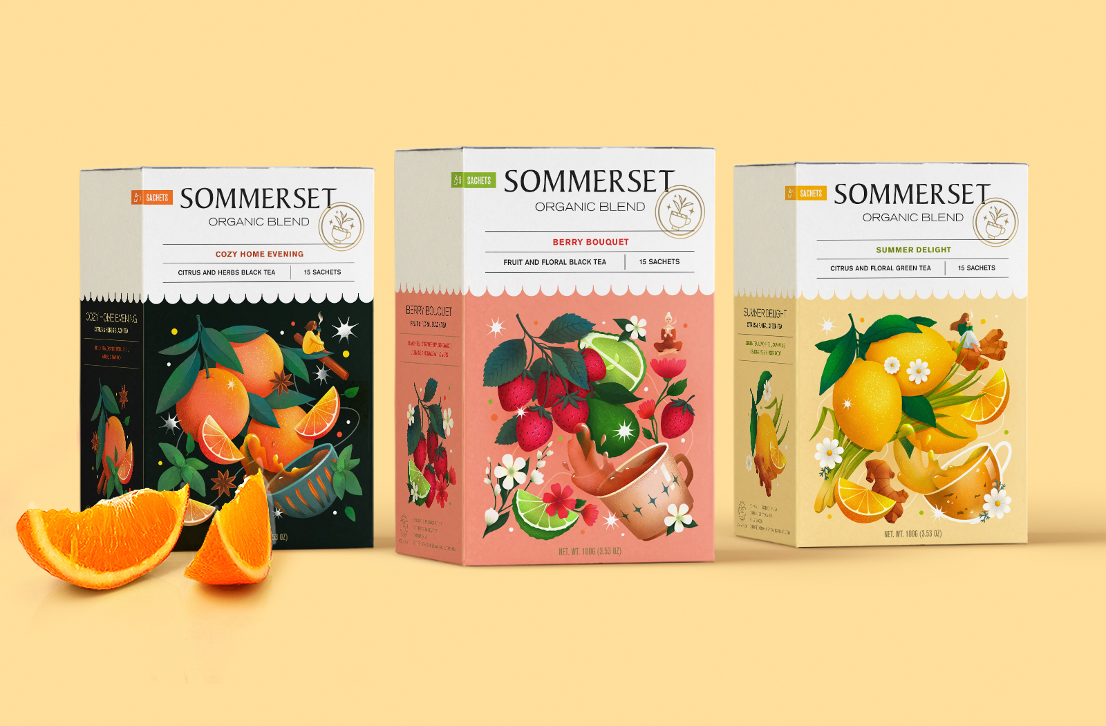Sommerse有機水果茶花茶混合茶包裝設(shè)計，充滿食欲的立體感插畫