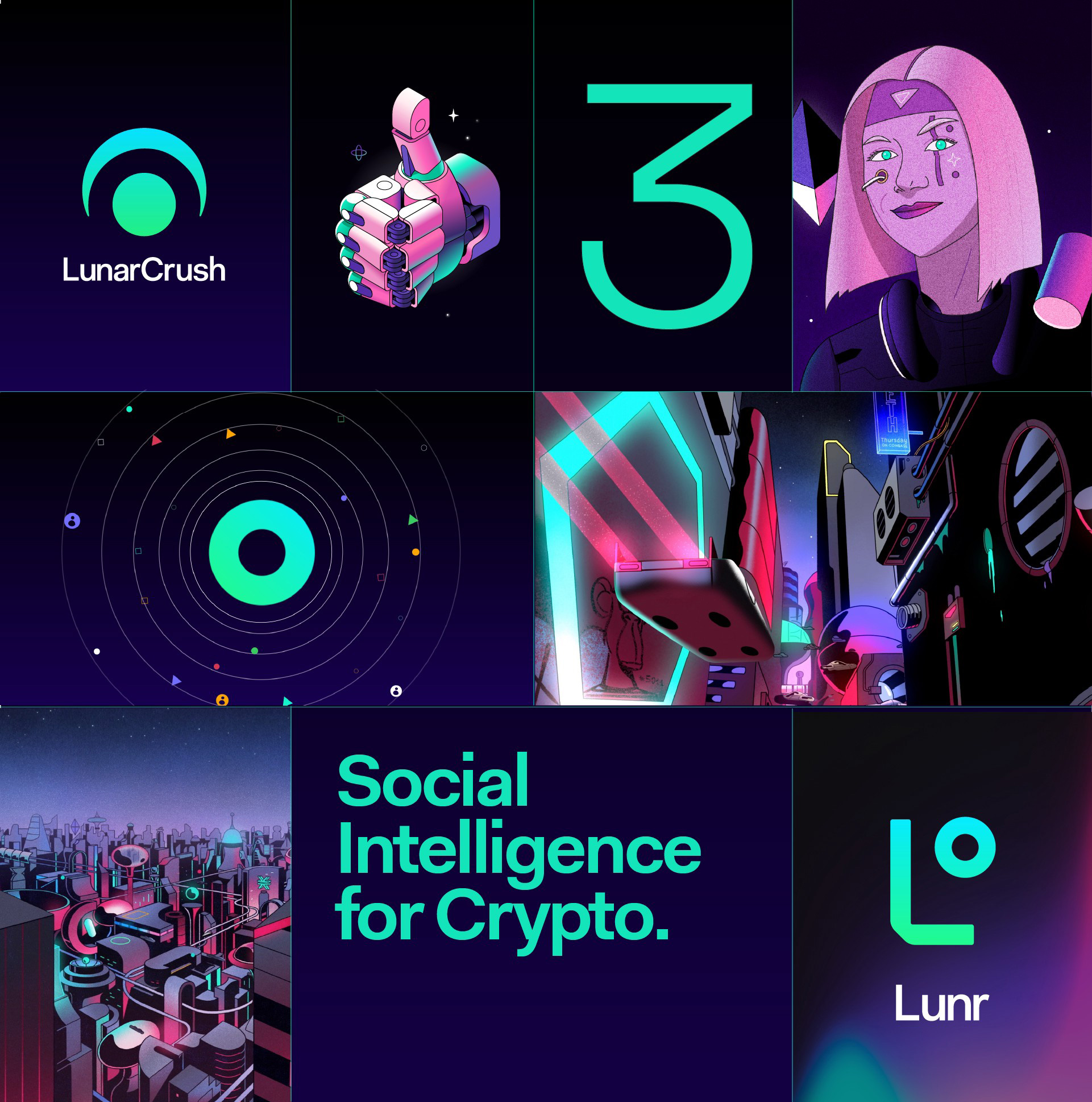 LunarCrush比特幣數(shù)字貨幣數(shù)據(jù)分析平臺(tái)新標(biāo)志vi設(shè)計(jì)，強(qiáng)烈iT科技風(fēng)格