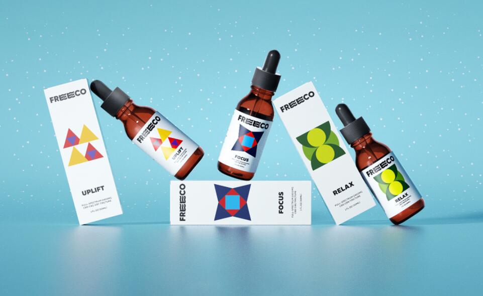 freeco天然大麻提取物滴劑藥品包裝設(shè)計，抽象幾何圖案組合