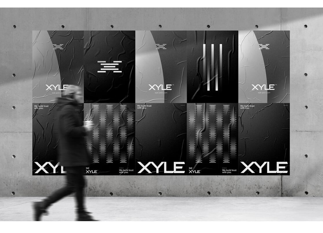Xyle建筑設(shè)計公司logo設(shè)計品牌形象vis設(shè)計，x磚塊logo與超酷黑白漸變vi風(fēng)